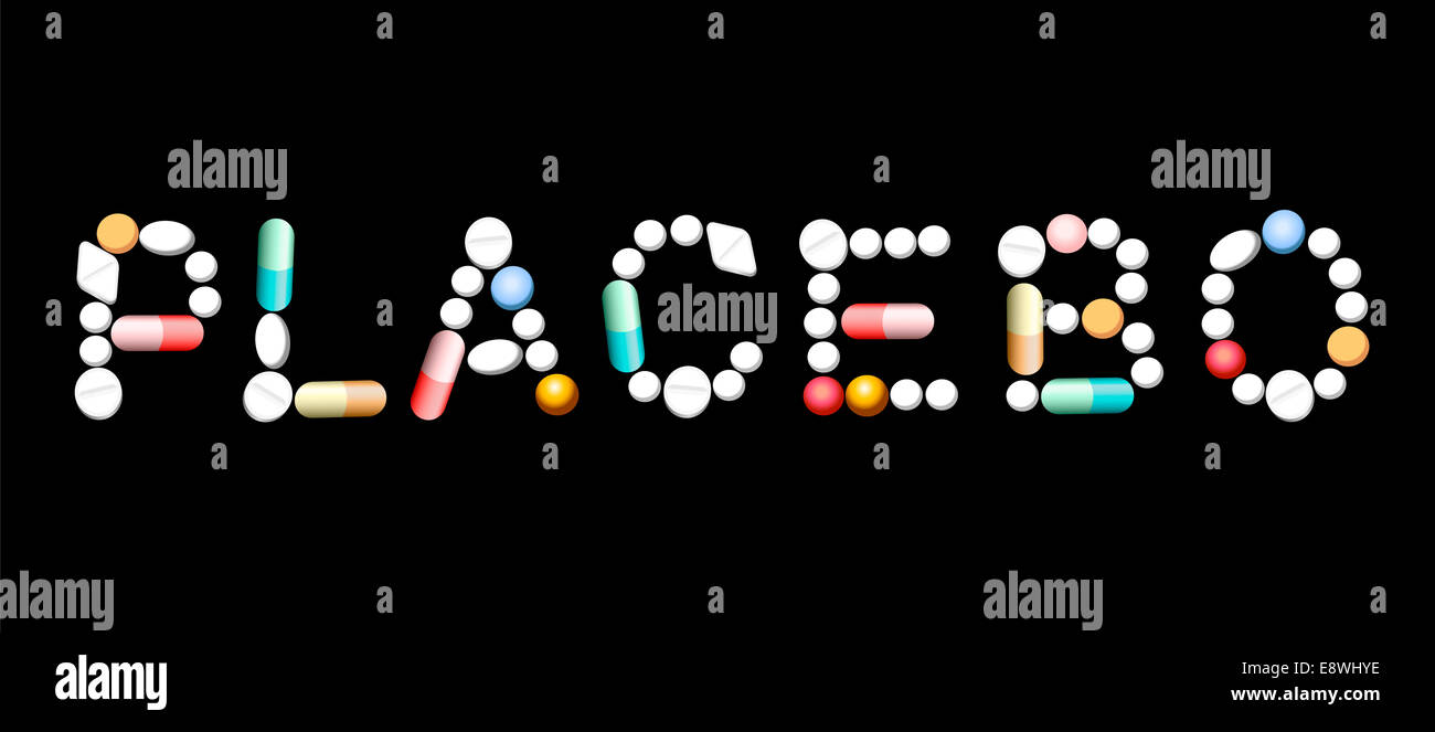 PLACEBO escrito con tabletas, píldoras y cápsulas. Foto de stock