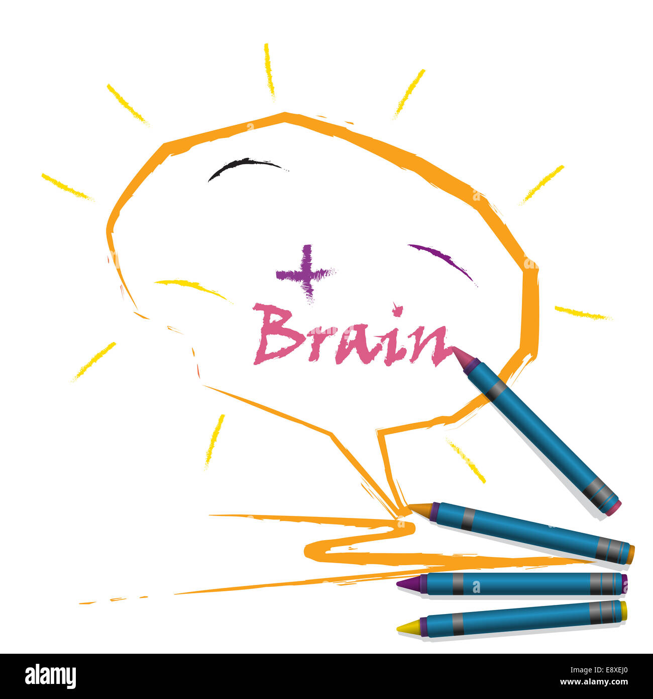 Colorido lápiz crayones con cerebro creativo signo y pensamiento positivo concepto sobre el papel Foto de stock