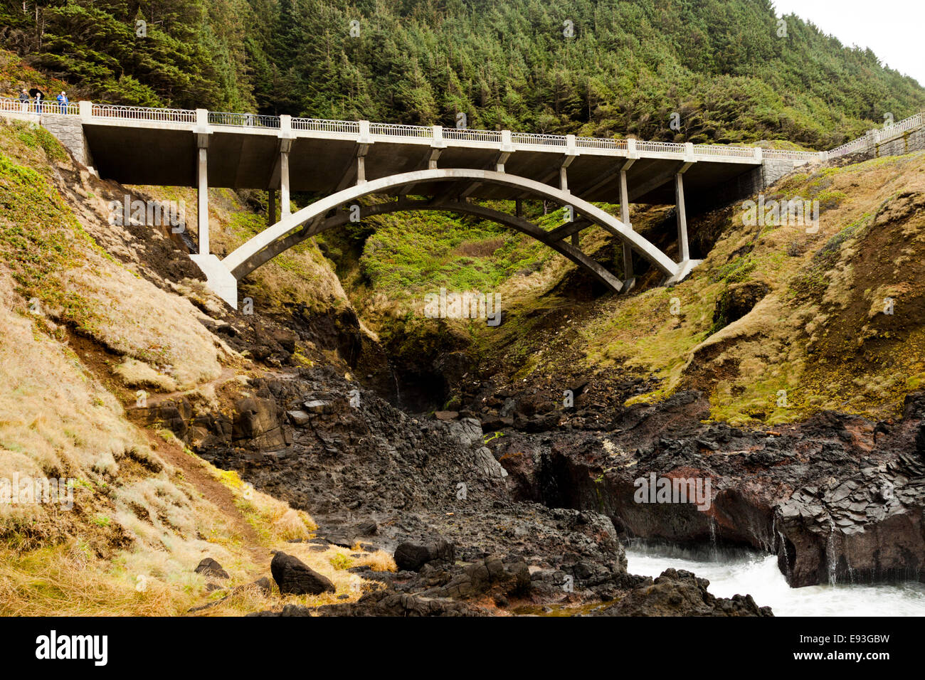 El puente que lleva a la autopista 101 a través de la angosta ensenada llamado Cook's Chasm en la costa de Oregon Estados Unidos Foto de stock