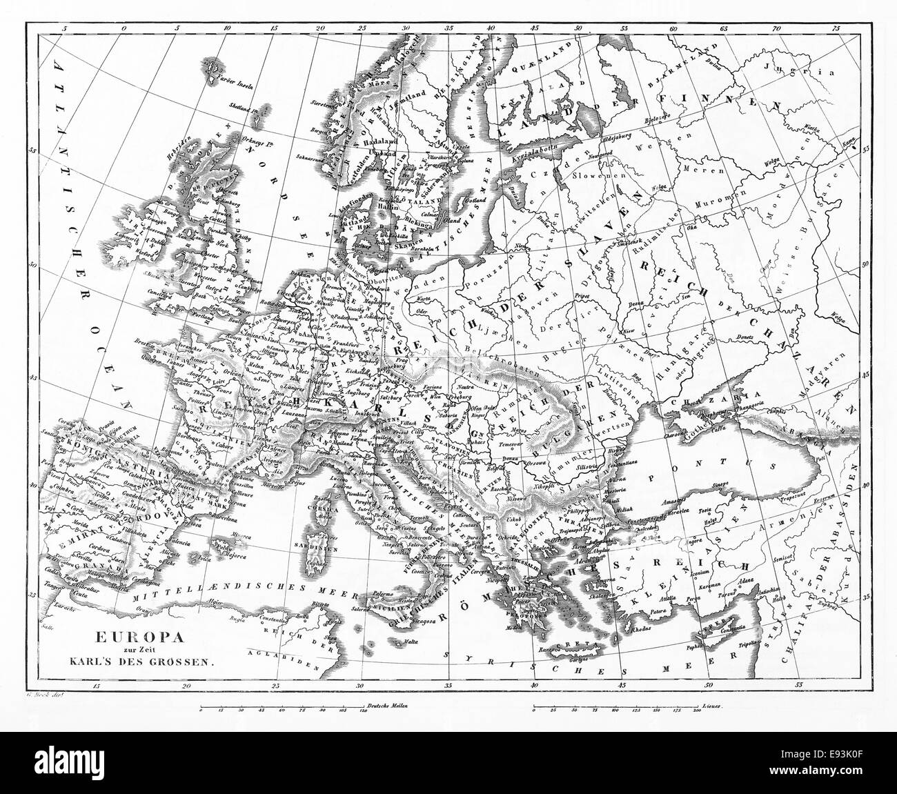 Ilustraciones grabadas de un mapa de Europa bajo Carlomagno de enciclopedia iconográfica de la ciencia, la literatura y el arte, 1851 Foto de stock