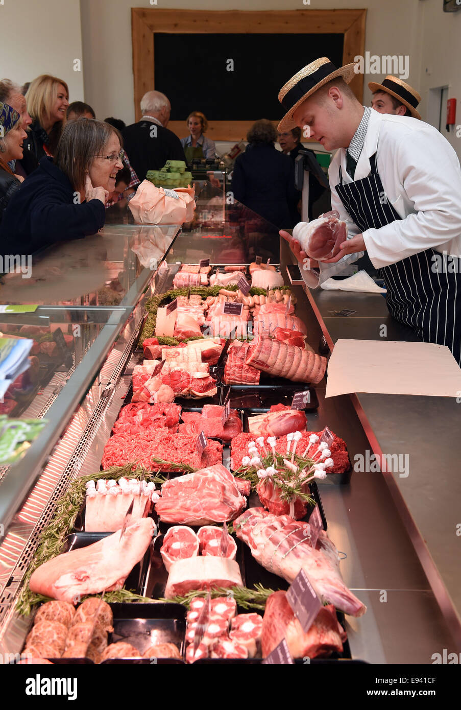 Carnicería, el puntal de los carniceros, Poundbury, Dorset, Inglaterra, Reino Unido Foto de stock