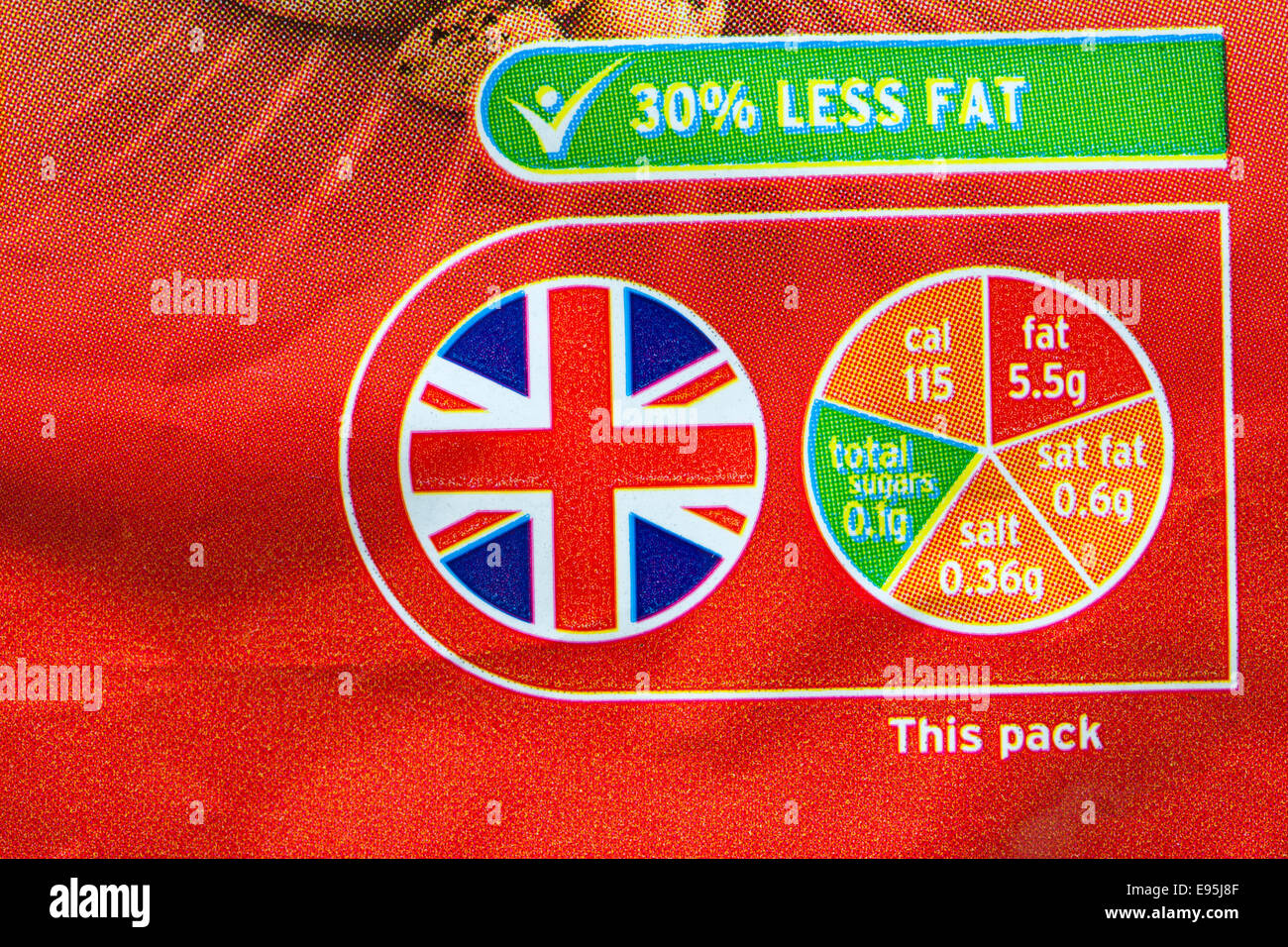 30% menos de grasa, British logo y sistema de semáforos información sobre paquete de encendedor preparada por las patatas fritas saladas Sainsburys Foto de stock