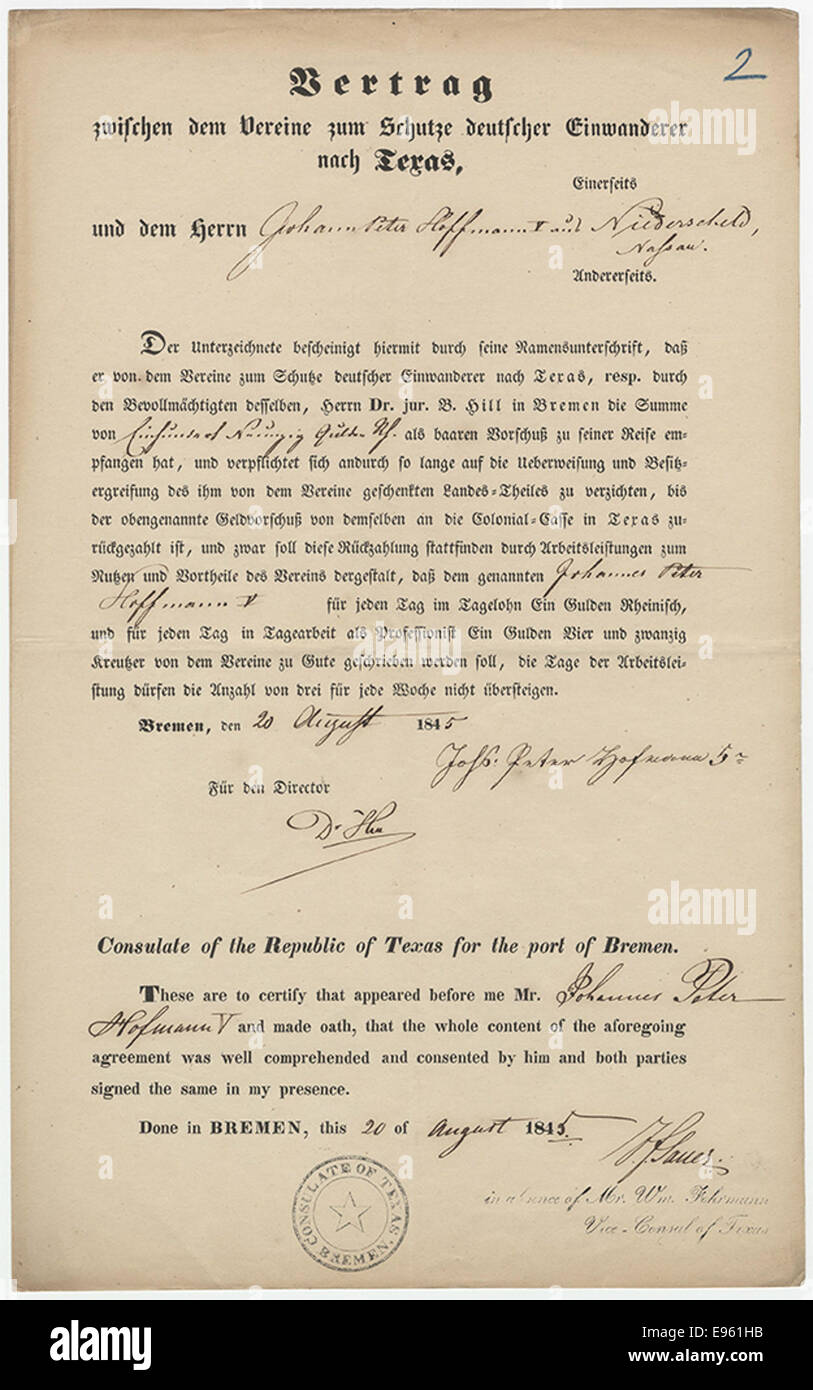 Vertrag zwischen dem zum Schutze Vereine deutscher Einwanderer nach Texas und dem Herrn Johann Peter Hoffmann V.... Foto de stock