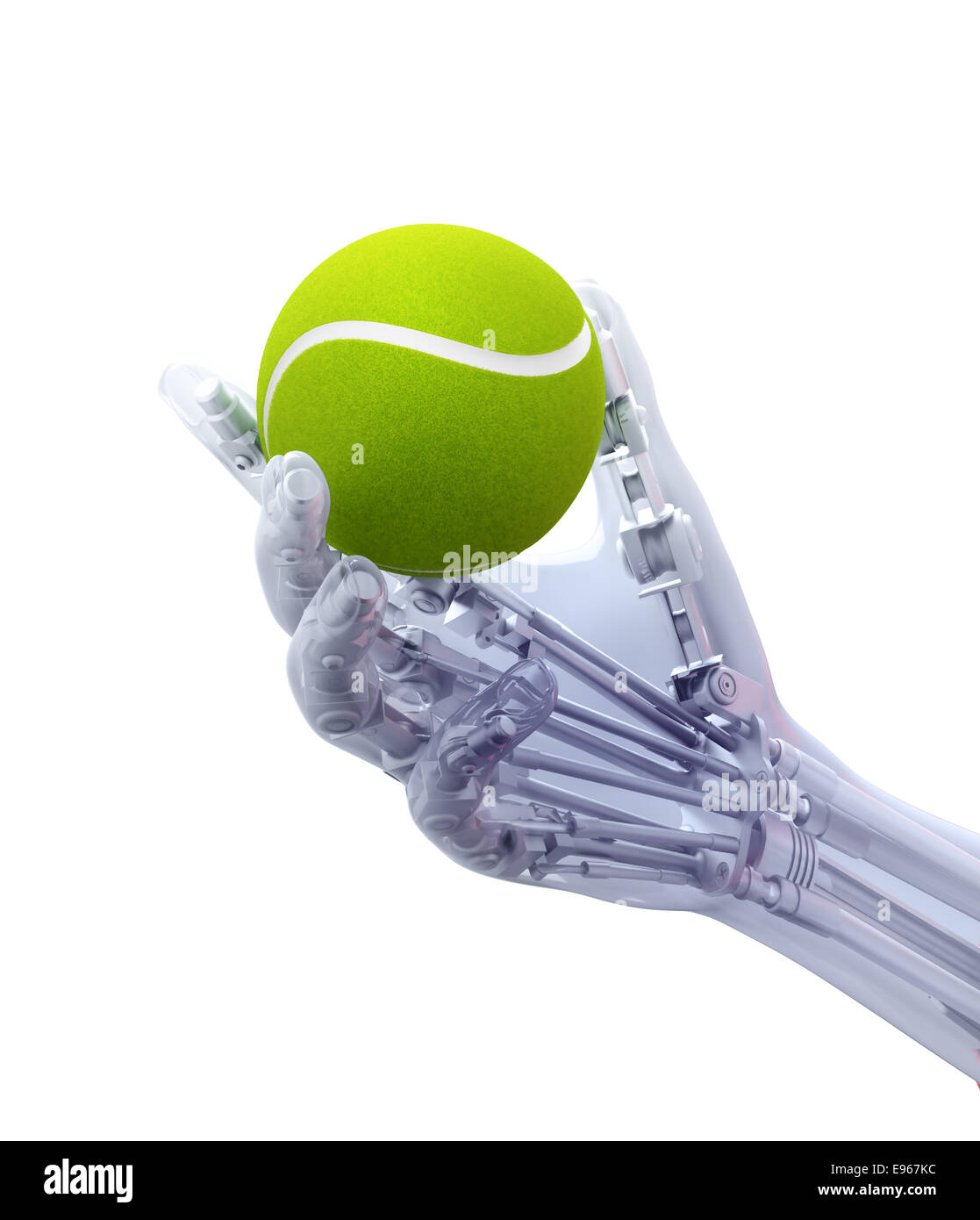 Una extremidad artificial sosteniendo una pelota de tenis - prótesis concepto tecnológico Foto de stock