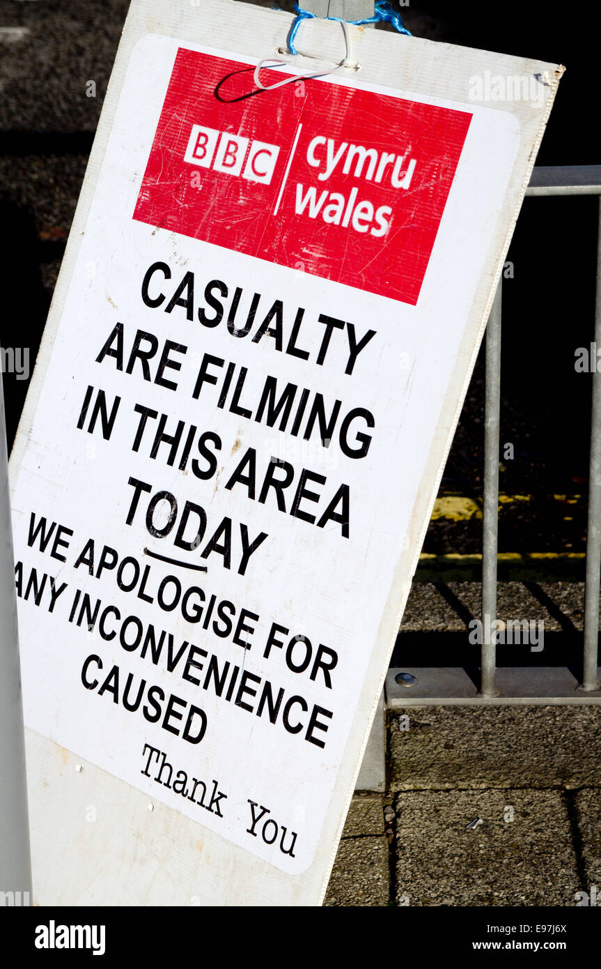 BBC Wales aviso de la filmación del programa víctimas en Cardiff, Gales, Reino Unido. Foto de stock