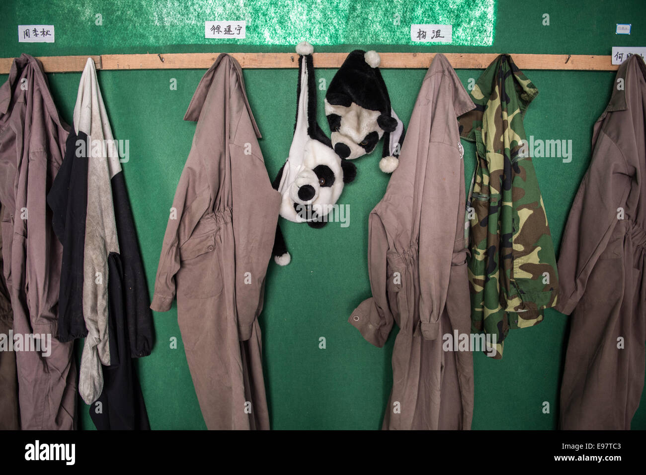 Panda disfraces que están desgastados por los cuidadores empleados cuelgue en el interior de la habitación en la Reserva Natural Wolong gestionado por la China Conse Foto de stock