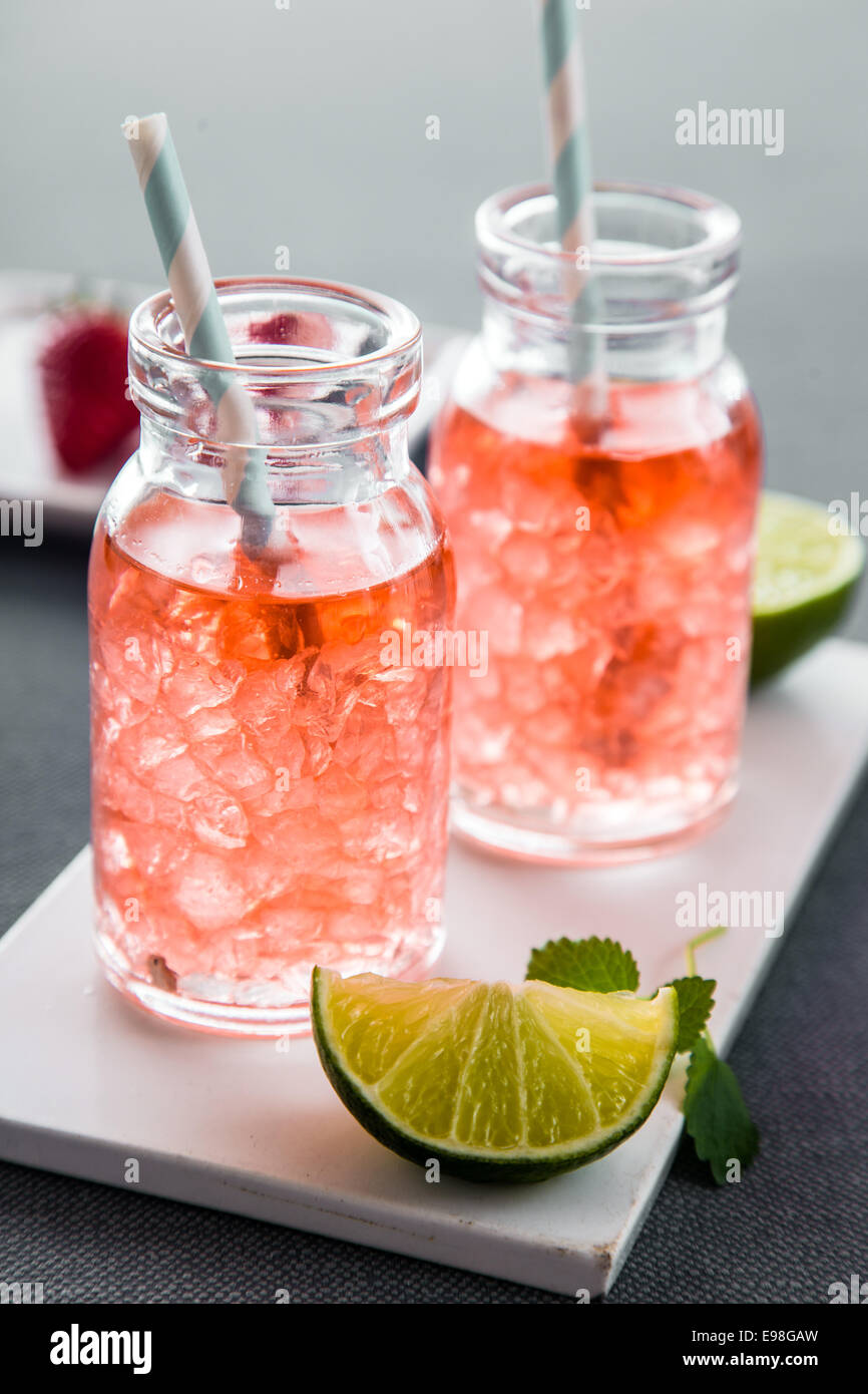 Fruity verano bebidas con cubitos de hielo con botellas modernas, con limones frescos para sunny conceptos Foto de stock