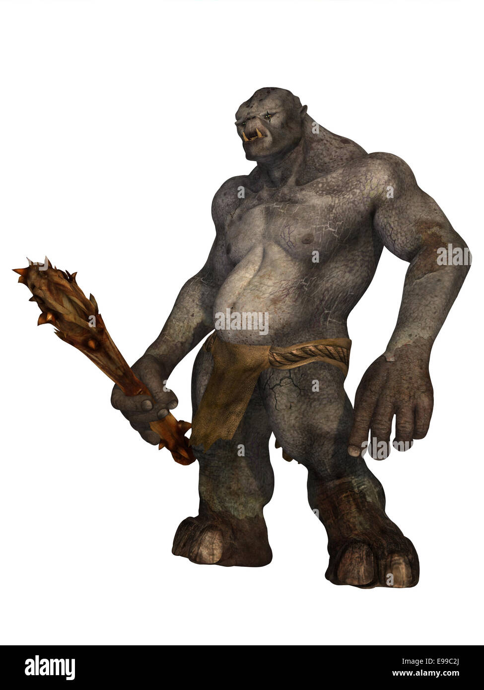 Piel gris temible ogro o troll con club de madera aislado en blanco Foto de stock