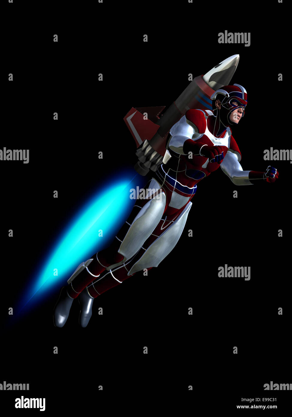 Prestados ilustración representando hero usando rocket pack para volar Foto de stock