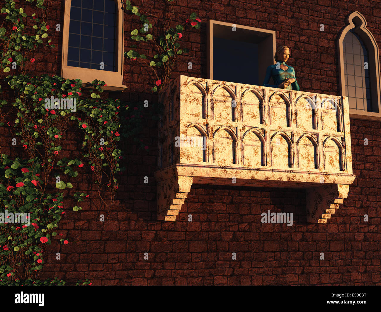 Basada en la obra de William Shakespeare y el edificio real en Verona, Juliet está mirando desde su balcón Foto de stock