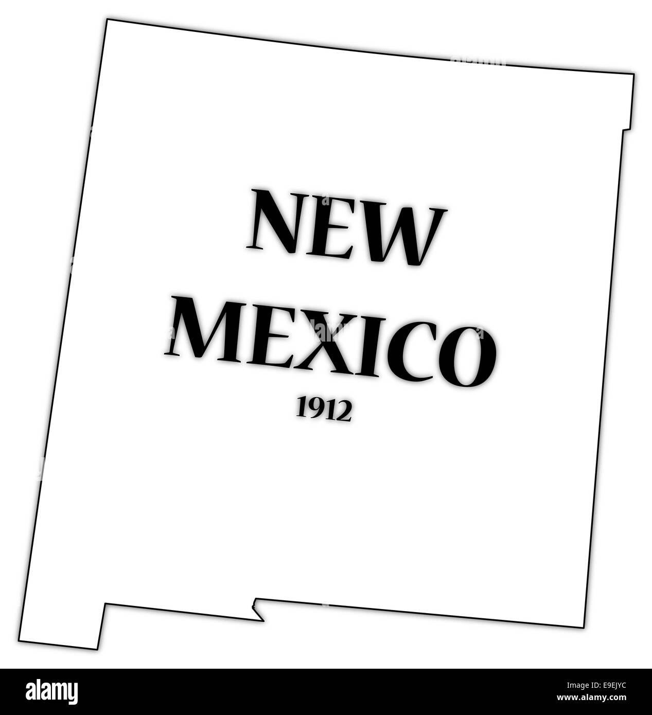 Un esquema estatal de Nuevo México con la fecha de la estadidad aislado sobre un fondo blanco. Foto de stock
