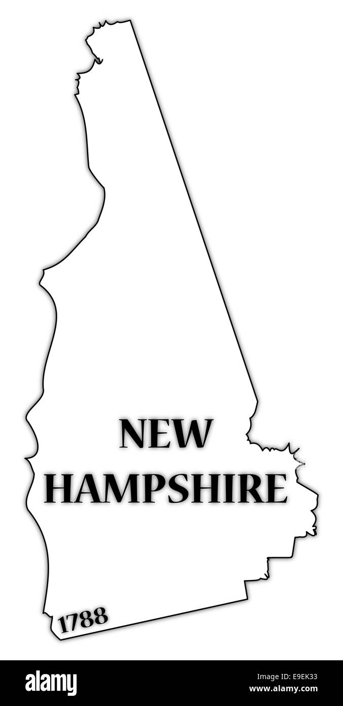Un esbozo del estado de New Hampshire con la fecha de la estadidad aislado sobre un fondo blanco. Foto de stock