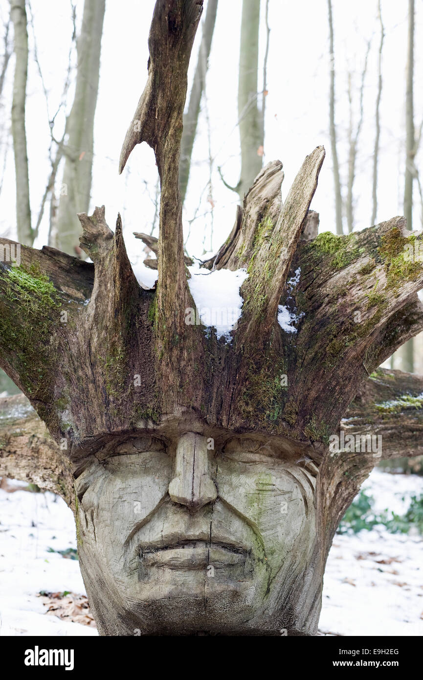 Cara de madera tallada, Friburgo de Brisgovia, Baden-Wurtemberg, Alemania Foto de stock
