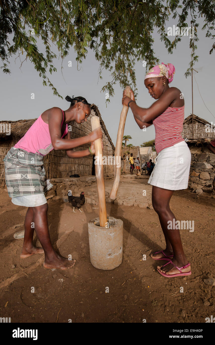Las mujeres de la comunidad religiosa Rabelados golpeando el maíz en un mortero, cerca de Tarrafal, Santiago, Cabo Verde Foto de stock