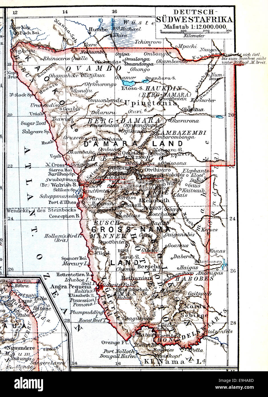 Mapa de la antigua colonia alemana de África Sudoccidental, ahora Namibia, Meyers Konversations-Lexikon Encyclopedia 1897 Foto de stock