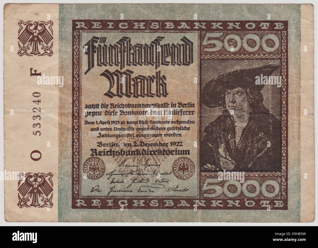Billetes históricos, 5000 Mark, frontal, Reichsbanknote desde 1922 Foto de stock