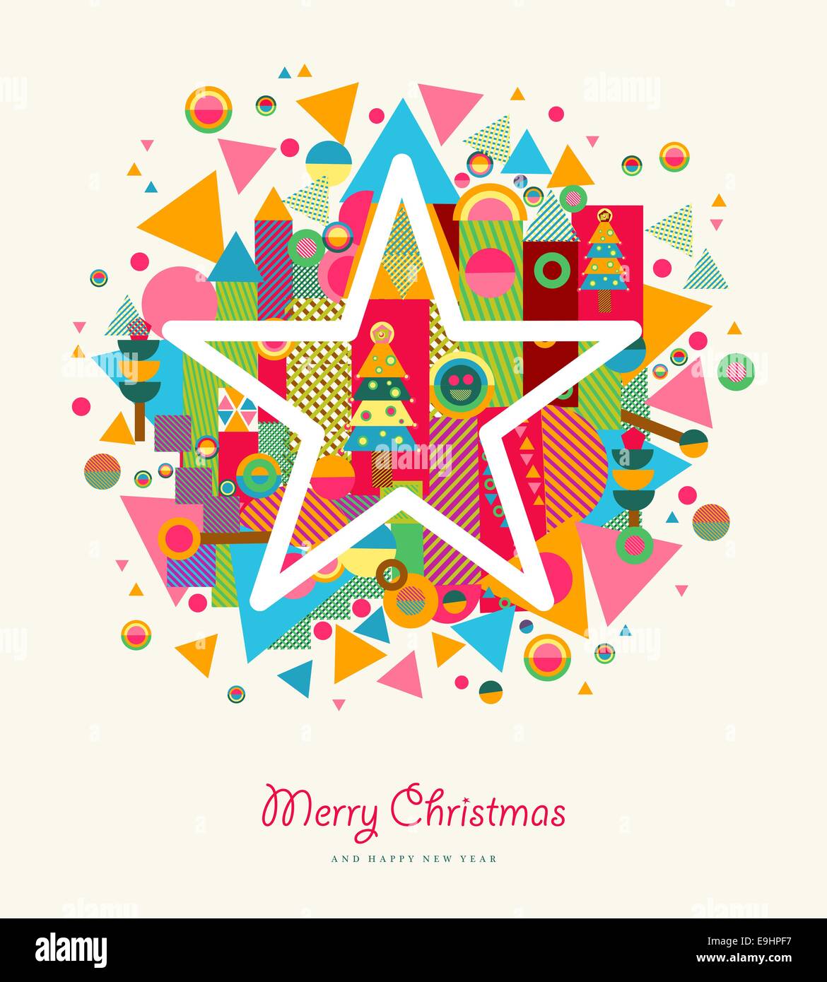 Feliz Navidad colorido retro tarjeta de felicitación con estrellas y elementos abstractos splash. Archivo vectorial EPS10 con la transparencia de las capas. Foto de stock