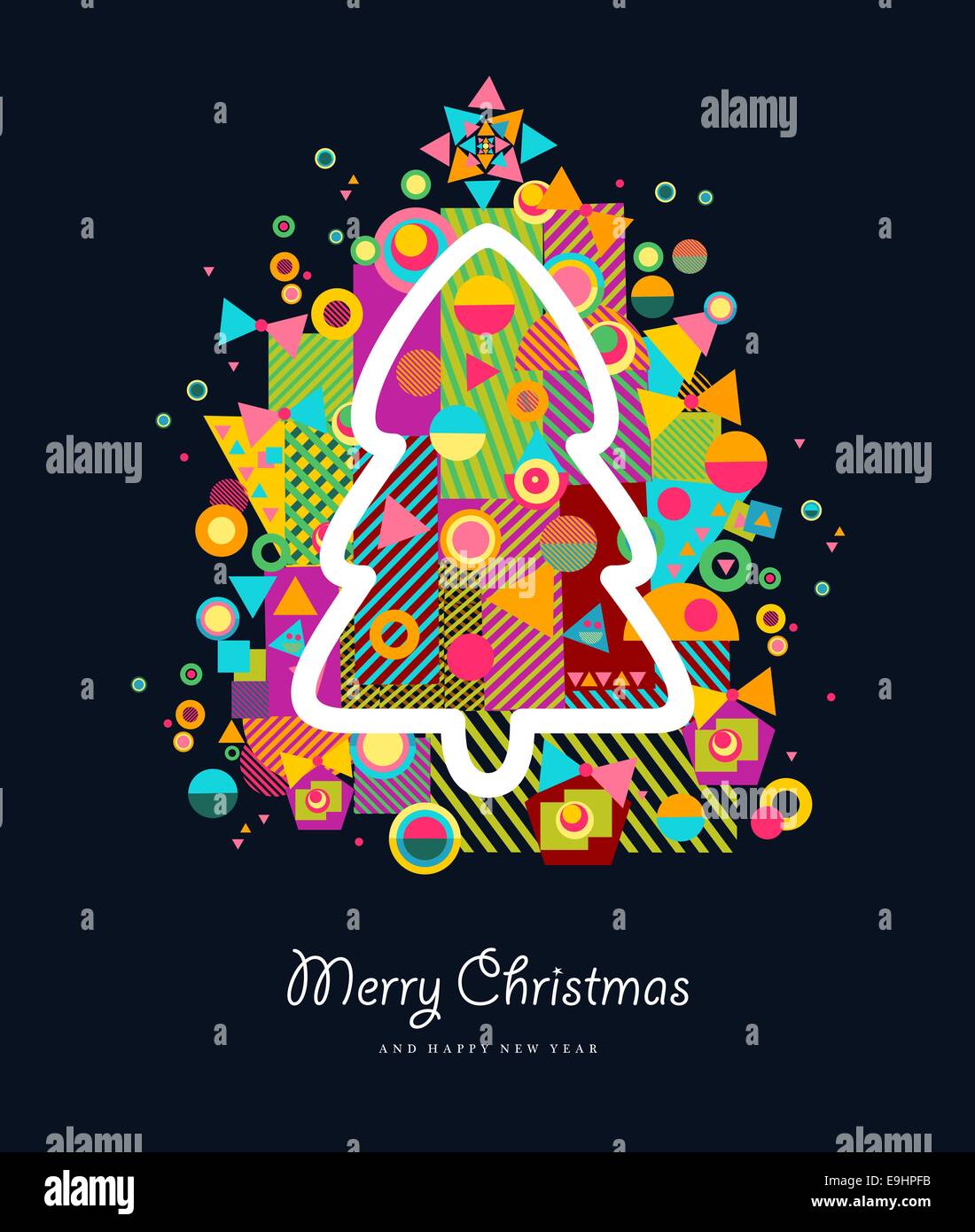 Feliz Navidad colorido retro con árbol de Navidad, Tarjetas de felicitación y elementos abstractos splash. Archivo vectorial EPS10 con transparencia la Foto de stock