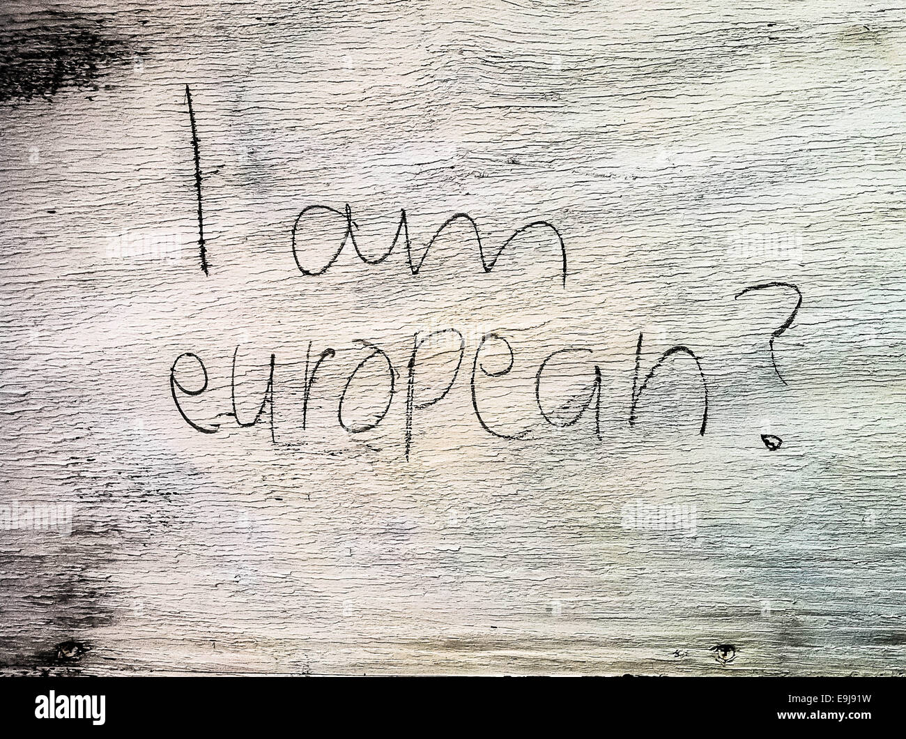 "Soy europeo ?' migración identidad lema pared visto en East London Foto de stock