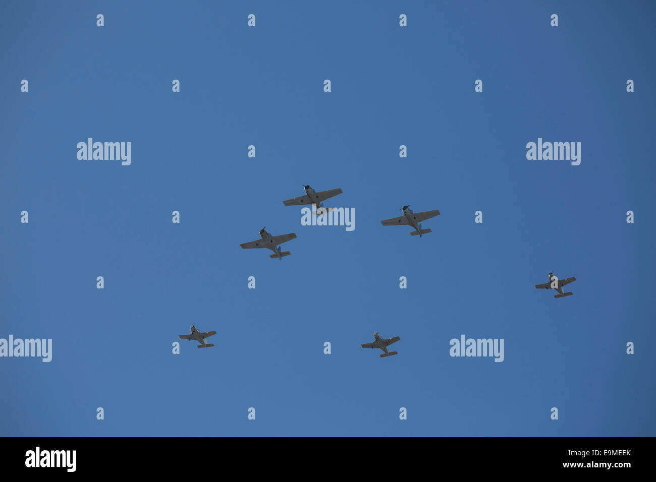 Ángulo de visión baja de aviones de combate contra el cielo azul Foto de stock