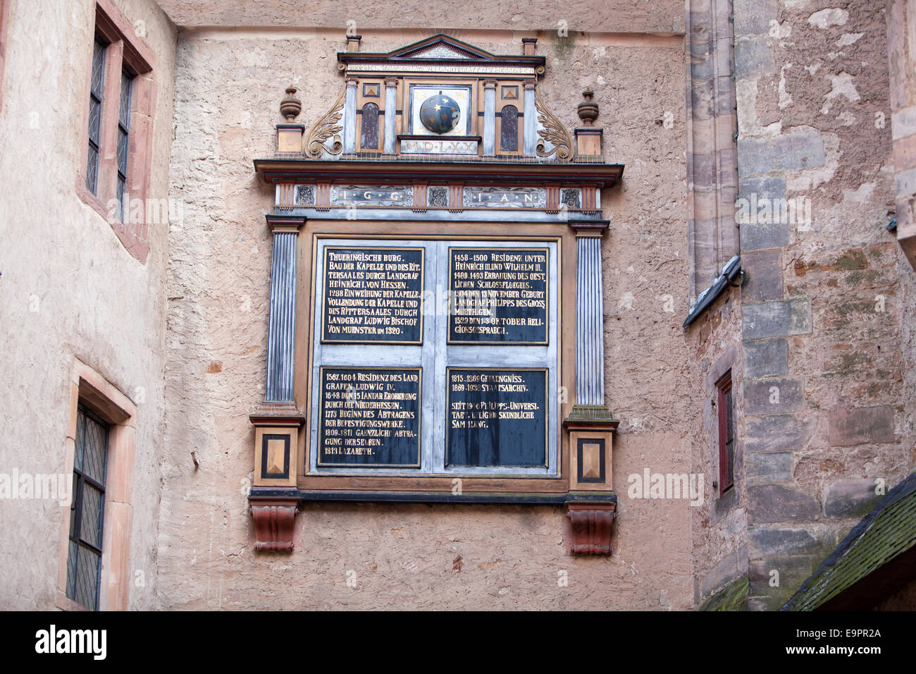 La placa, el histórico castillo de Marburgo, Landgrafenschloss, Marburgo, Hesse, Alemania, Europa Foto de stock