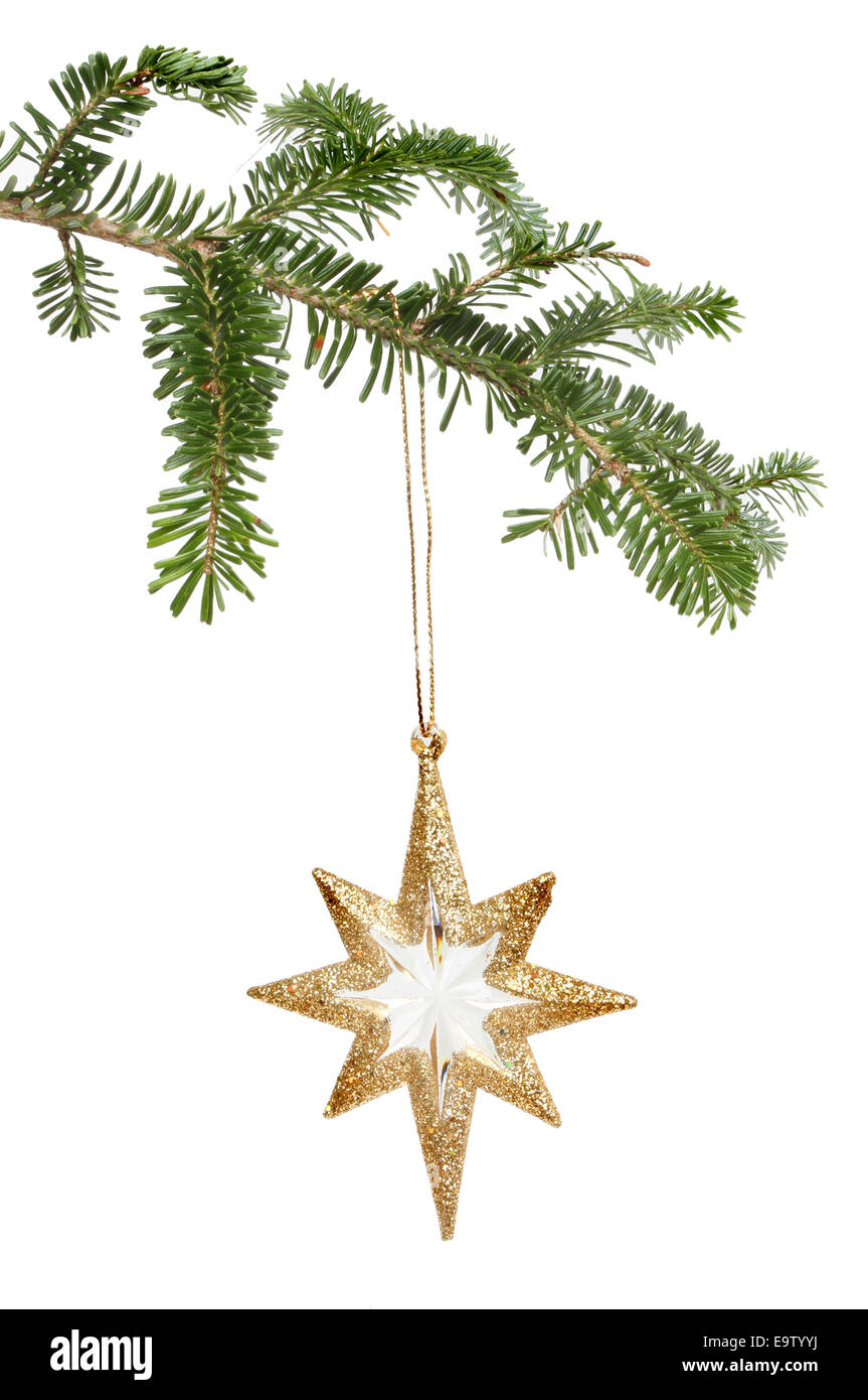 Glitter Gold Star ornamento colgando de un árbol de Navidad sobre un fondo blanco. Foto de stock