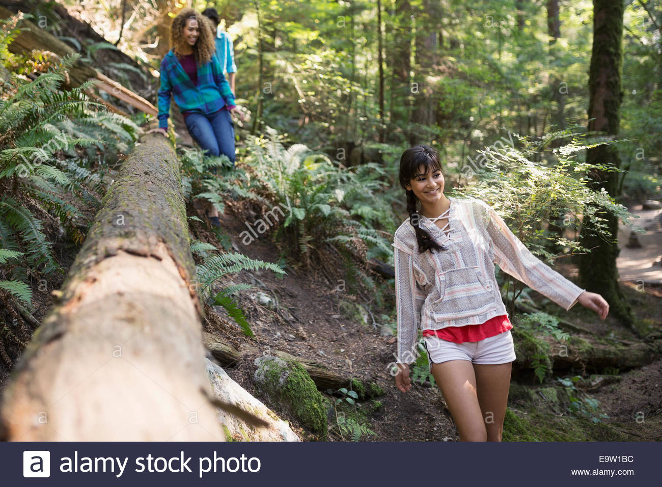 Amigos caminando en el bosque Foto de stock