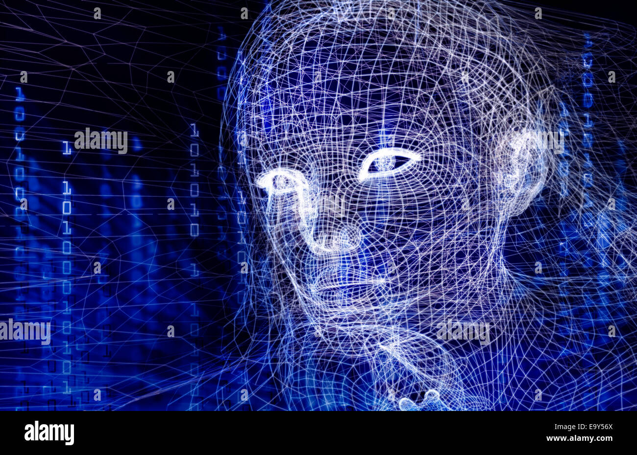 Licencia disponible en MaximImages.com - Ilustración 3D conceptual de cara humana de realidad virtual digital de mujer con código binario AI sobre fondo azul Foto de stock