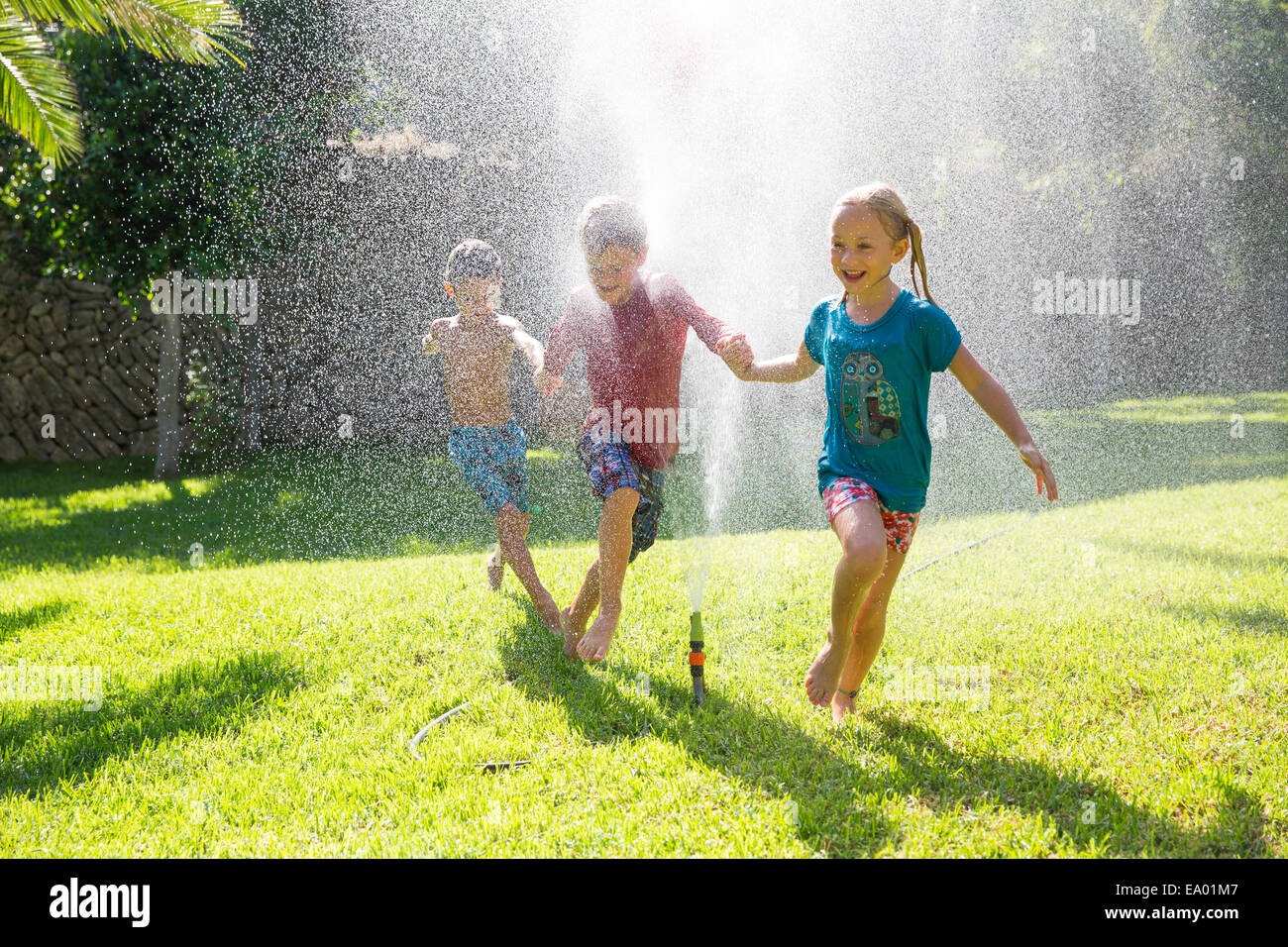 Tres niños en el jardín corriendo a través de rociadores de agua Foto de stock