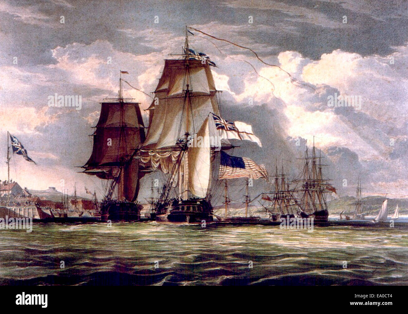H.M.S. Shannon su Premio Líder de la fragata norteamericana Chesapeake en puerto de Halifax de 1813, durante la guerra de 1812. Foto de stock