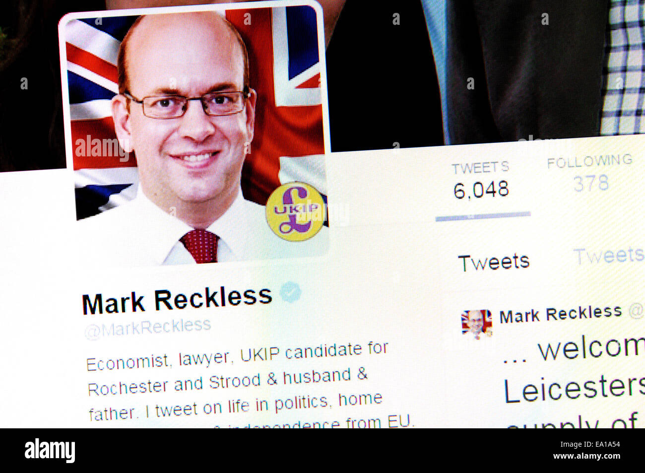 Mark imprudentes' cuenta de Twitter - captura de pantalla de la página de perfil (aunque UKIP MP) Foto de stock