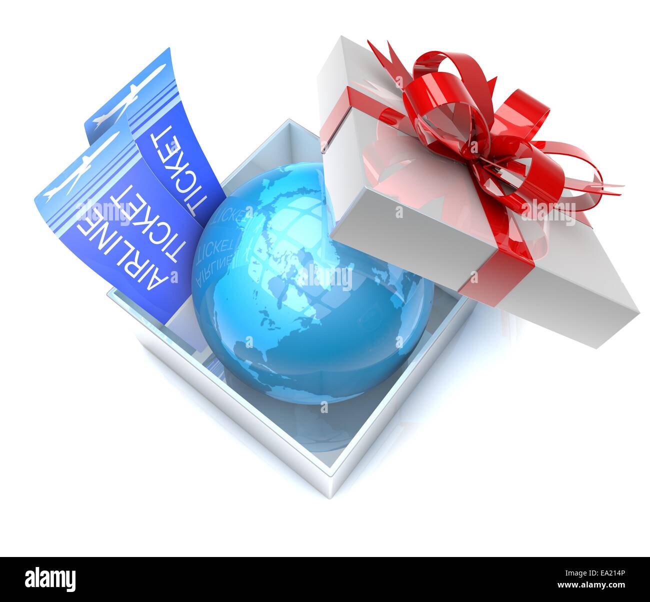 Ilustración 3d de caja de regalo con el planeta tierra adentro y boletos de  avión, concepto para viajes, turismo y vacaciones Fotografía de stock -  Alamy