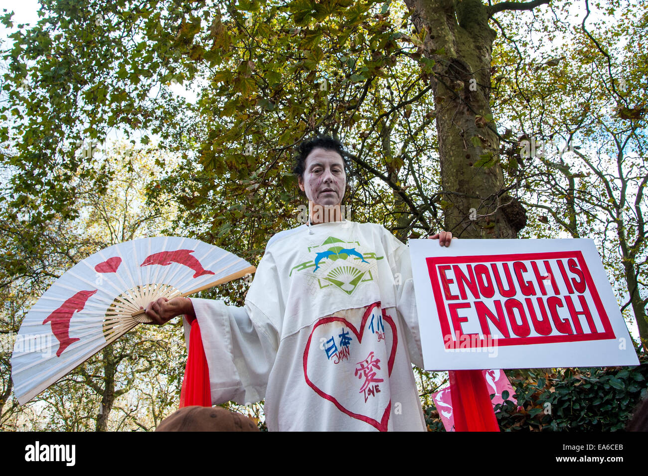 Londres, Reino Unido. El 7 de noviembre de 2014. Cientos de manifestantes se reúnen frente a la Embajada japonesa en Londres para protestar contra el asesinato de los mamíferos durante el dolphin unidades que tienen lugar anualmente desde septiembre a marzo en Taiji, Distrito Higashimuro, Prefectura de Wakayama, Japón. Crédito: Pete Maclaine/Alamy Live News Foto de stock