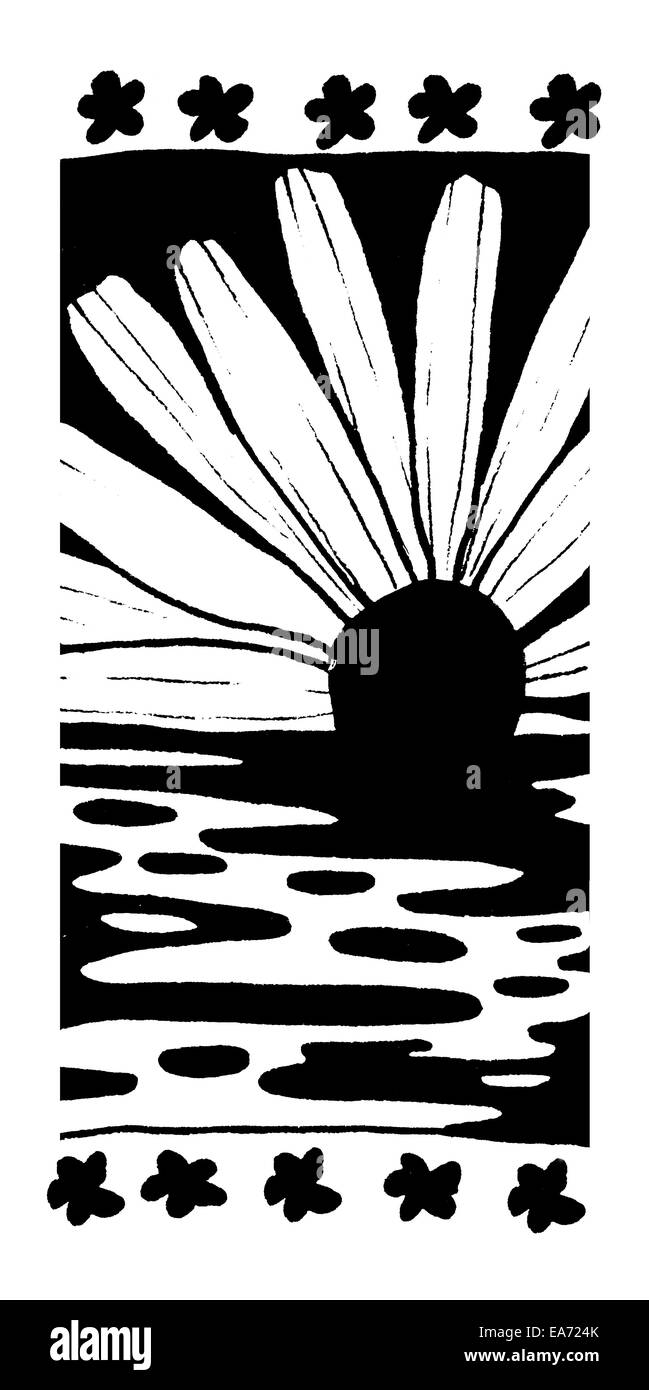 Patrón de tinta cuatro patrones abstractos, en blanco y negro, boceto de tinta. Daisy amanecer sobre el agua, motivo de fantasía. Foto de stock