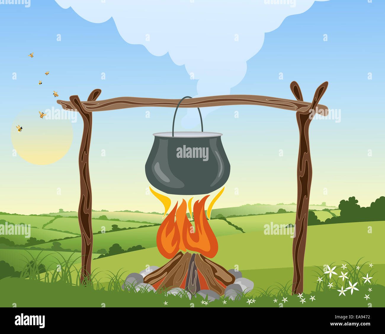 Una ilustración de un fuego de campamento con olla sobre un marco de madera hirviendo en un paisaje con patchwork campos y cielo azul Foto de stock