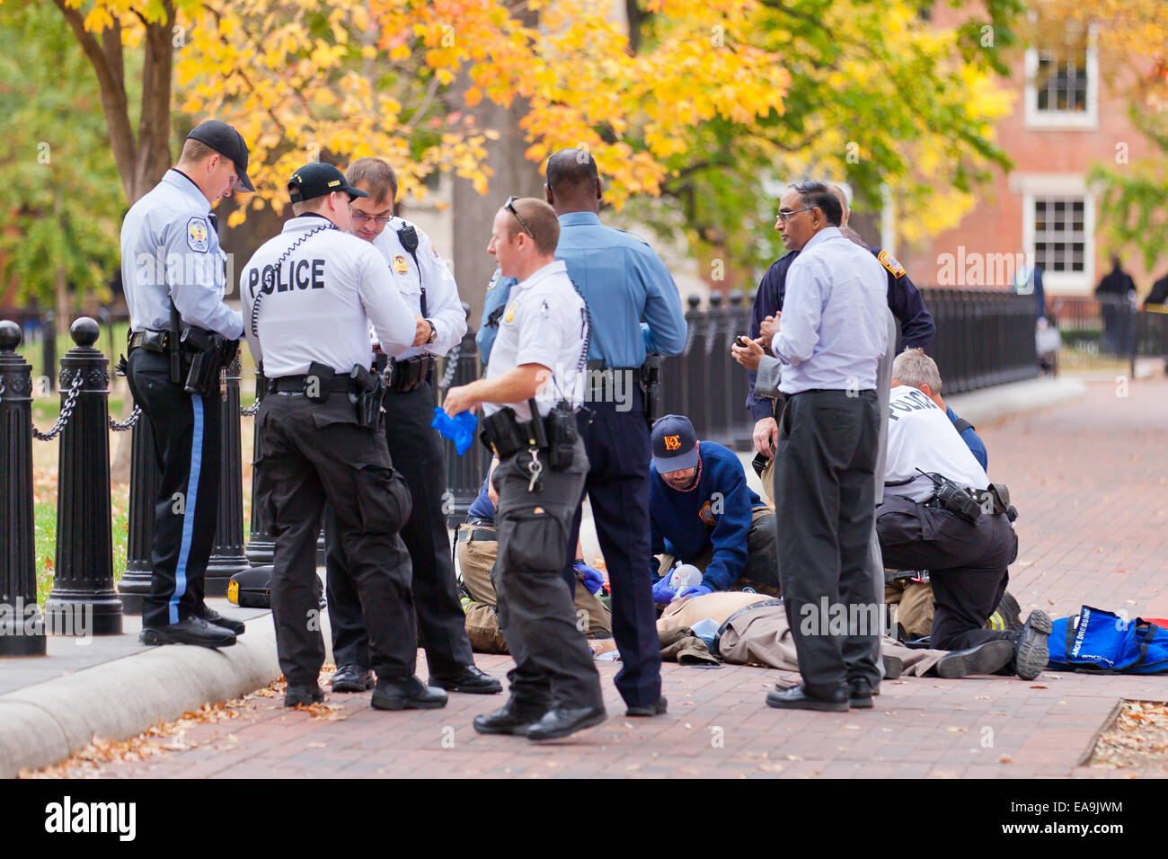 Policía y EMS ayudando a la víctima del crimen acostado en el suelo - Washington, DC, EE.UU. Foto de stock