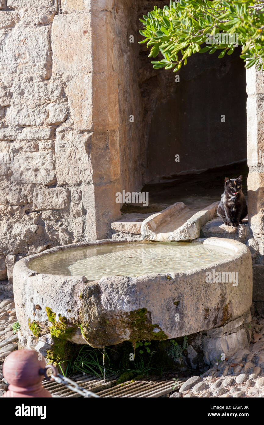 La fuente de la iglesia troglodita de Peyre y gato negro (Aveyron - Francia). La Fontaine de Peyre et chat noir (Francia). Foto de stock