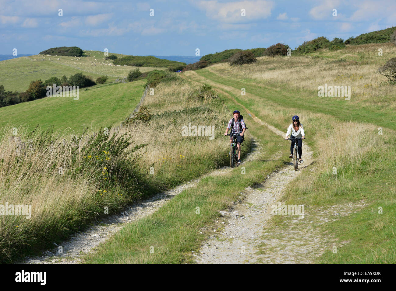 Una pareja de jóvenes adultos en bicicleta a lo largo de los South Downs Way en toneles Brow, Willingdon, cerca de Eastbourne, East Sussex. UK Foto de stock