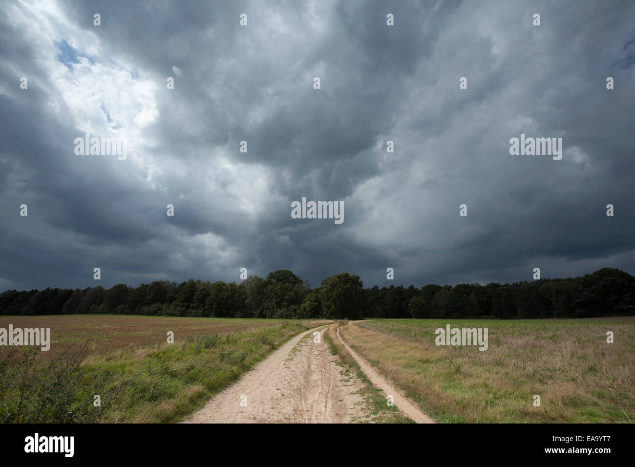 Paisaje con un cielo amenazador y nubes oscuras Foto de stock
