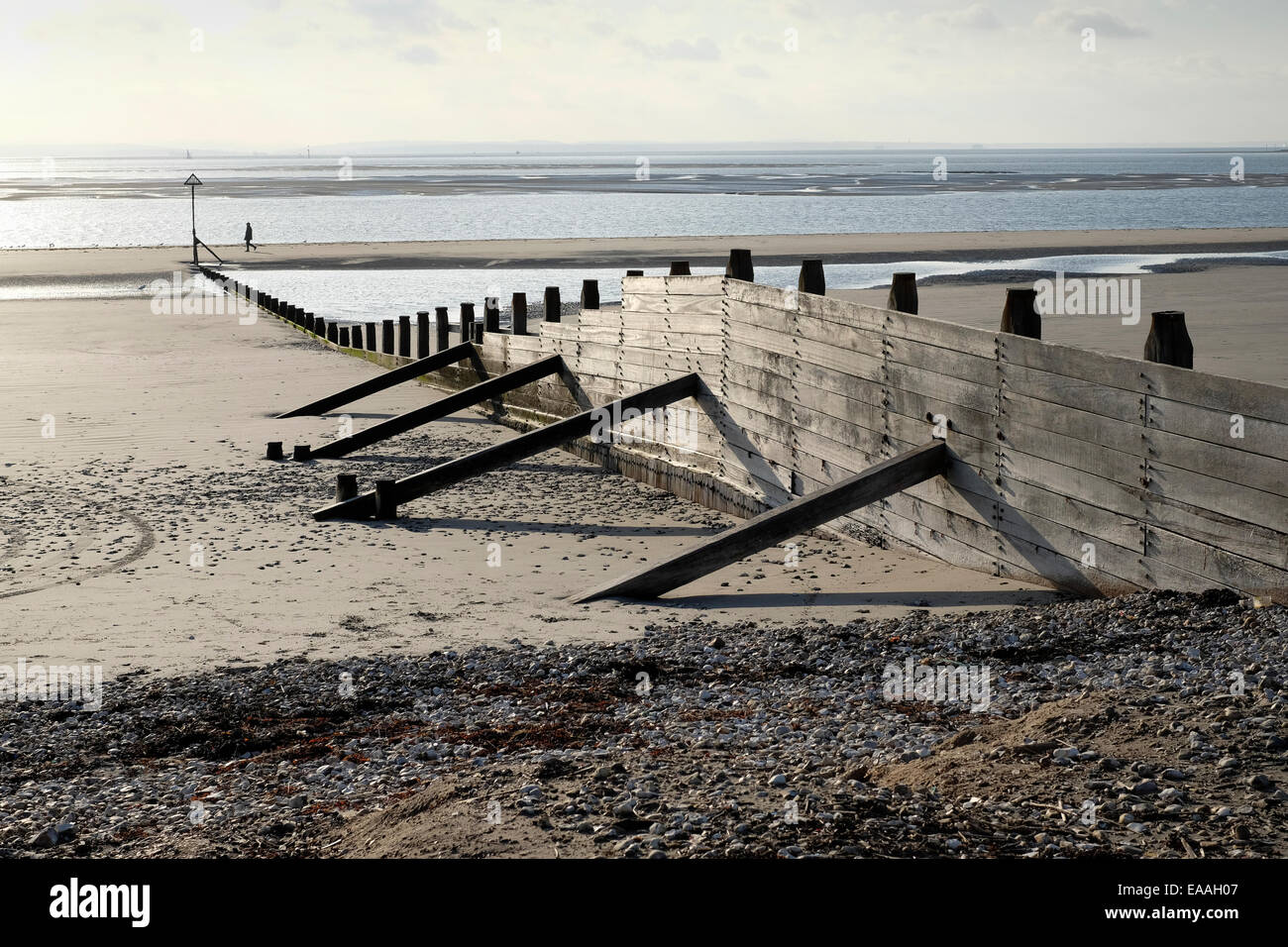 Inglaterra, Sussex, West Wittering. Reducir groynes madera longshore drift en las playas abiertas. Foto de stock