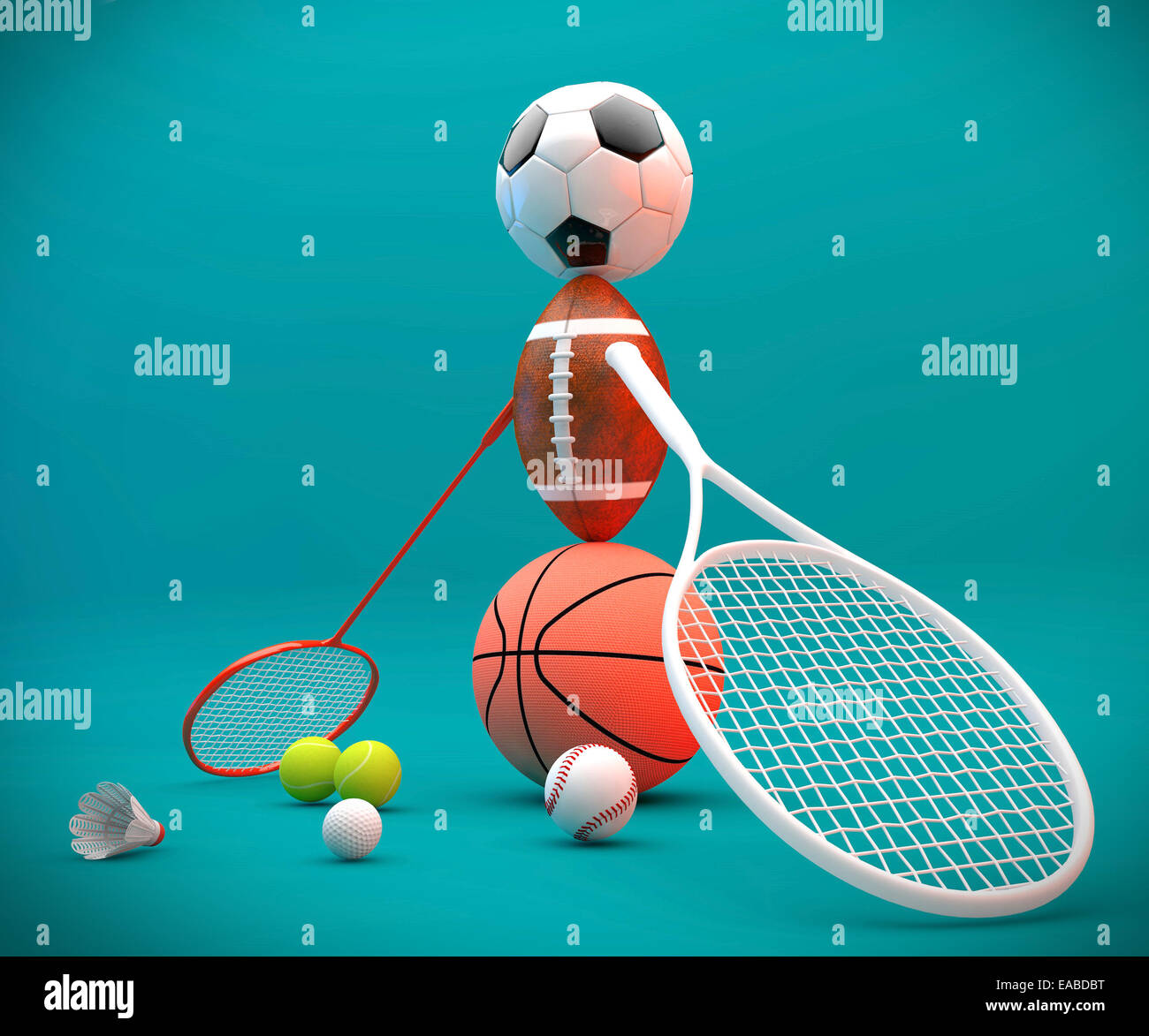 Surtido de equipamiento deportivo, incluyendo un balón de fútbol,  baloncesto, pelota de tenis, béisbol, raqueta de tenis, fútbol, badminton,  birdie Fotografía de stock - Alamy