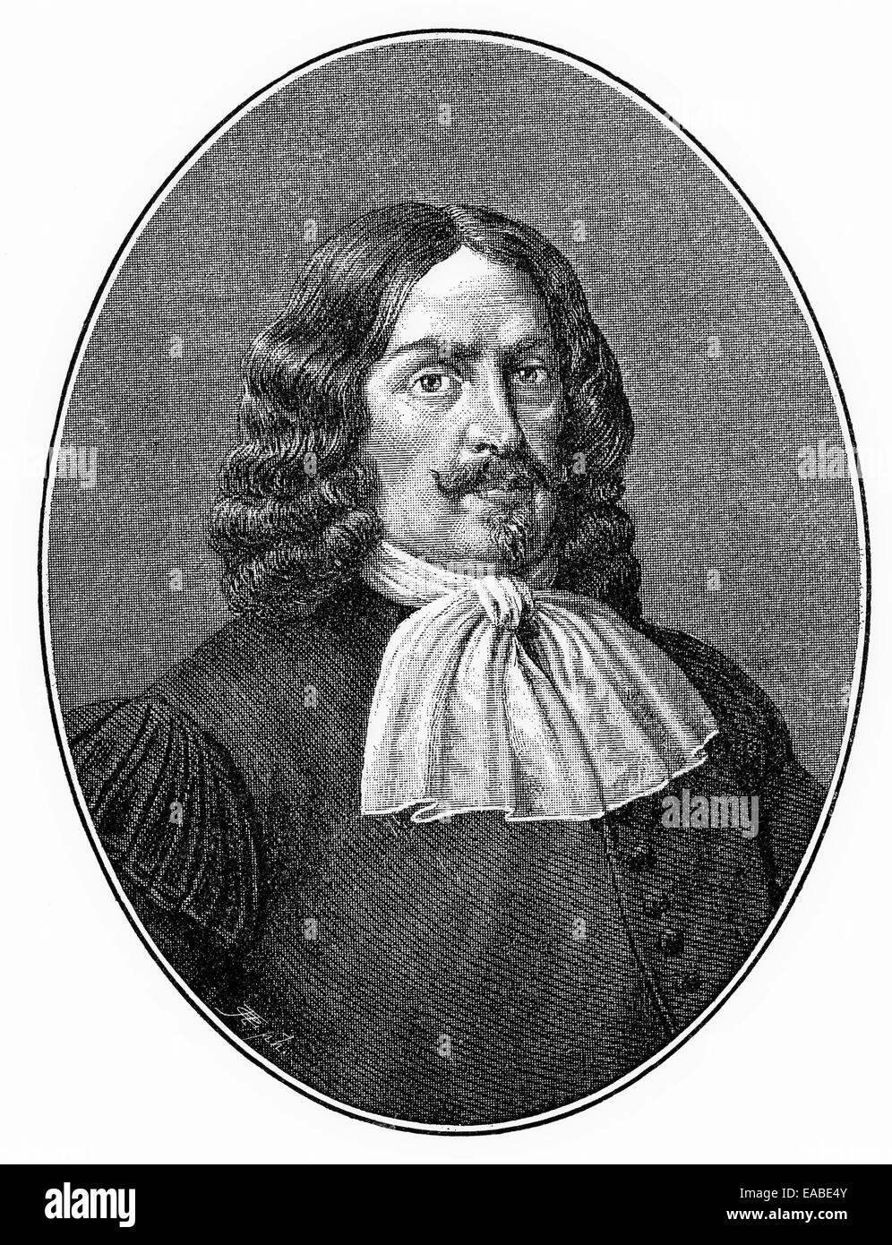 Historischer Stich, Retrato Justus von Georg Schottelius (1612 - 1676), ein deutscher Dichter und der Barockzei Sprachgelehrter Foto de stock