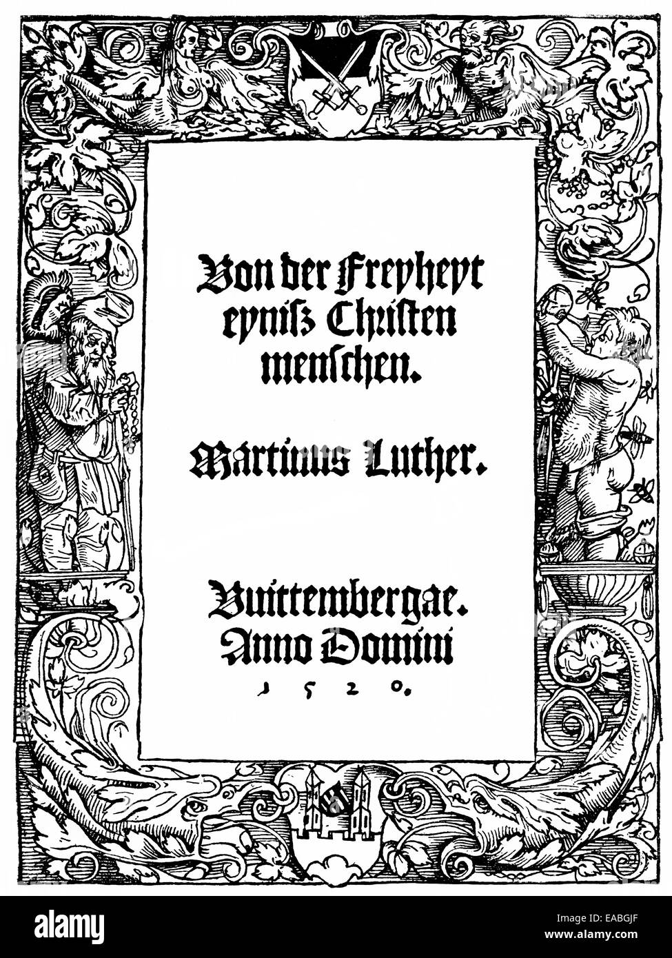 1524, la primera página del primer libro de servicio luterano, Martin Luther, 1483 - 1546, Holzschnitt von 1524, Titelseite des 1. Lutero Foto de stock