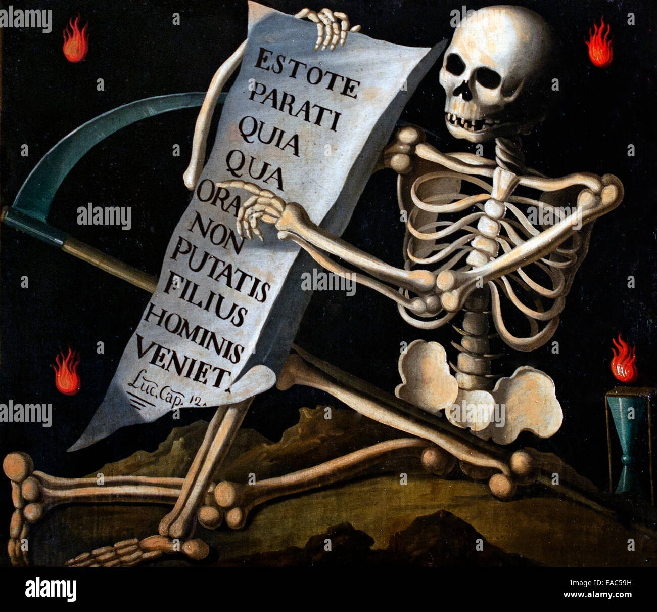 Vanidad macabra muerte cráneo esqueleto siglo 17 Francia Foto de stock