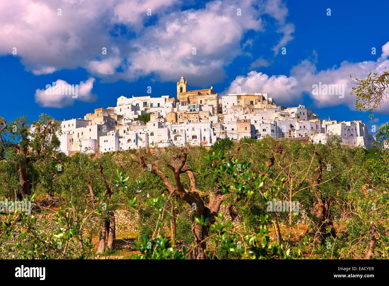 La colina de la ciudad fortificada medieval de Ostuni, también "La Città Bianca", "La Ciudad Blanca", Ostuni, Puglia, Italia Foto de stock
