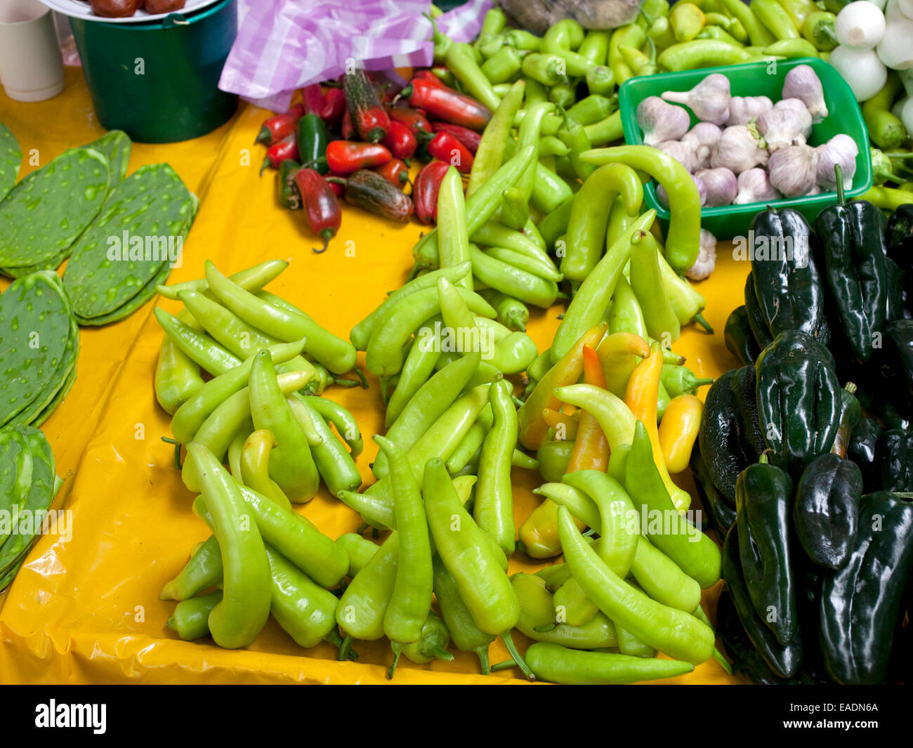 Las pimientas brillantemente coloreadas en el mercado en el pueblo mexicano Foto de stock