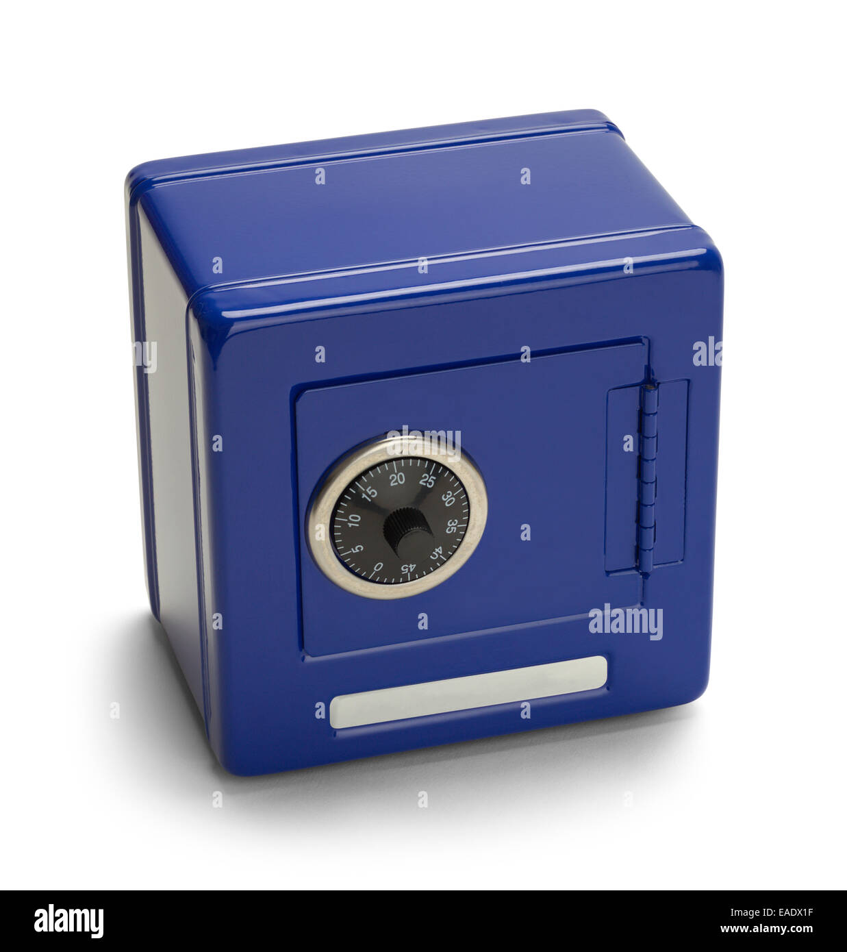 Cierre metálico azul Caja fuerte con cerradura de combinación aislado sobre fondo blanco. Foto de stock