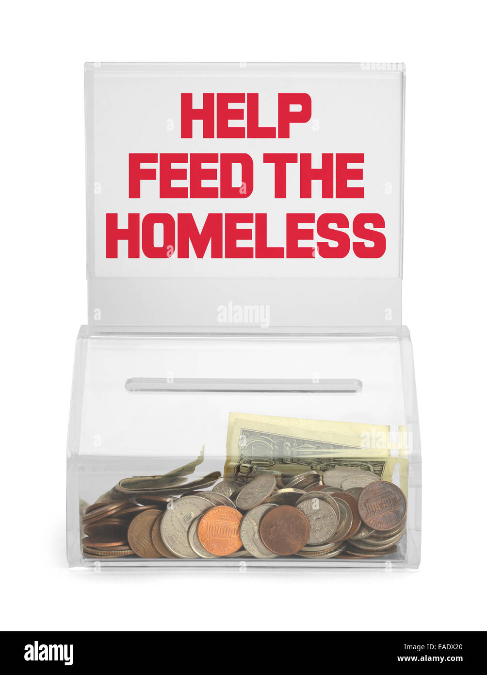 Ayudar a alimentar a las personas sin hogar Caja de donación aislado sobre fondo blanco. Foto de stock
