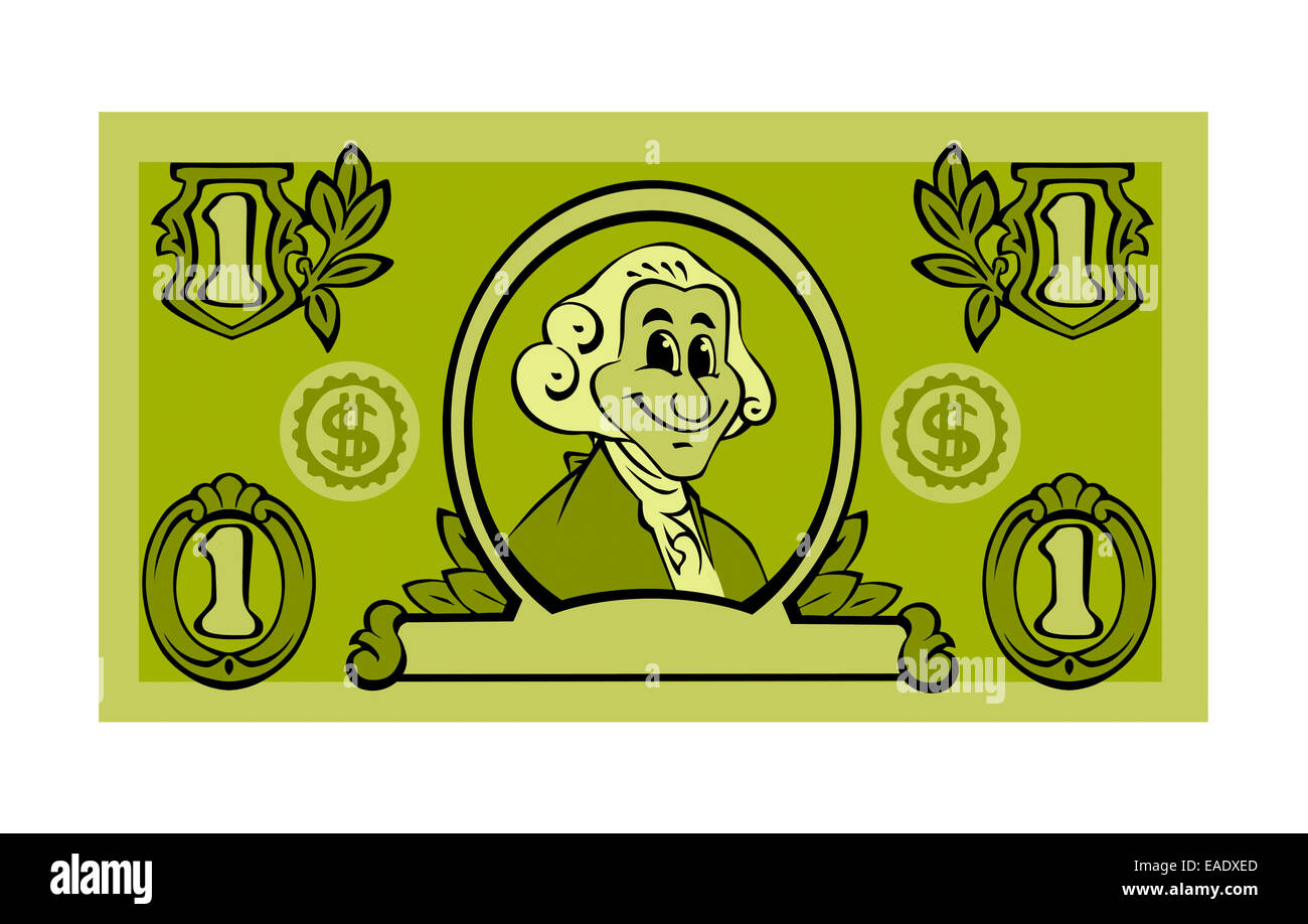 Uno Dollar Bill Cartoon Graphic aislado sobre fondo blanco. Foto de stock