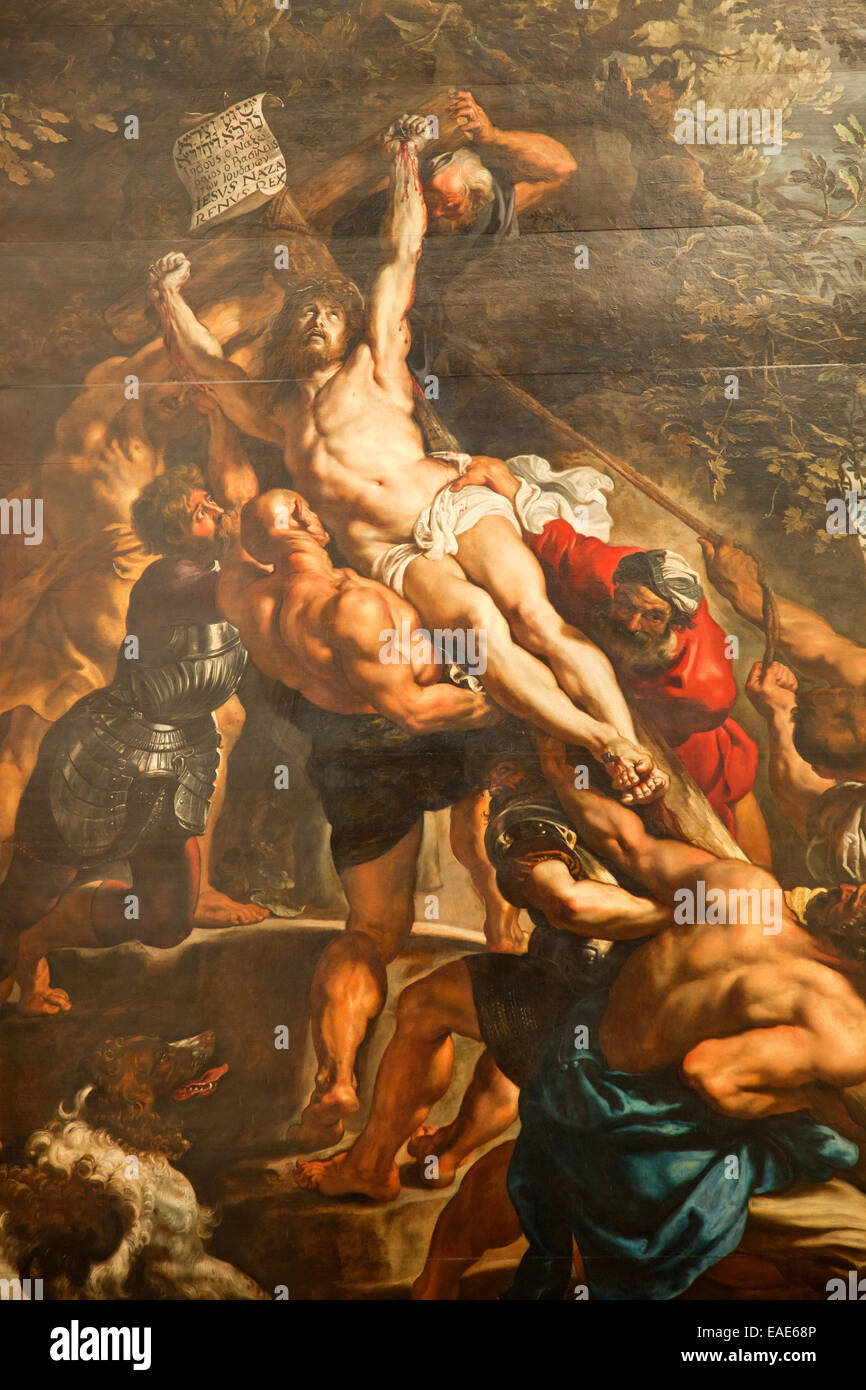 Detalle de la pintura de la elevación de la Cruz por Peter Paul Rubens en el interior de la Catedral de Nuestra Señora, Amberes, Flandes Foto de stock